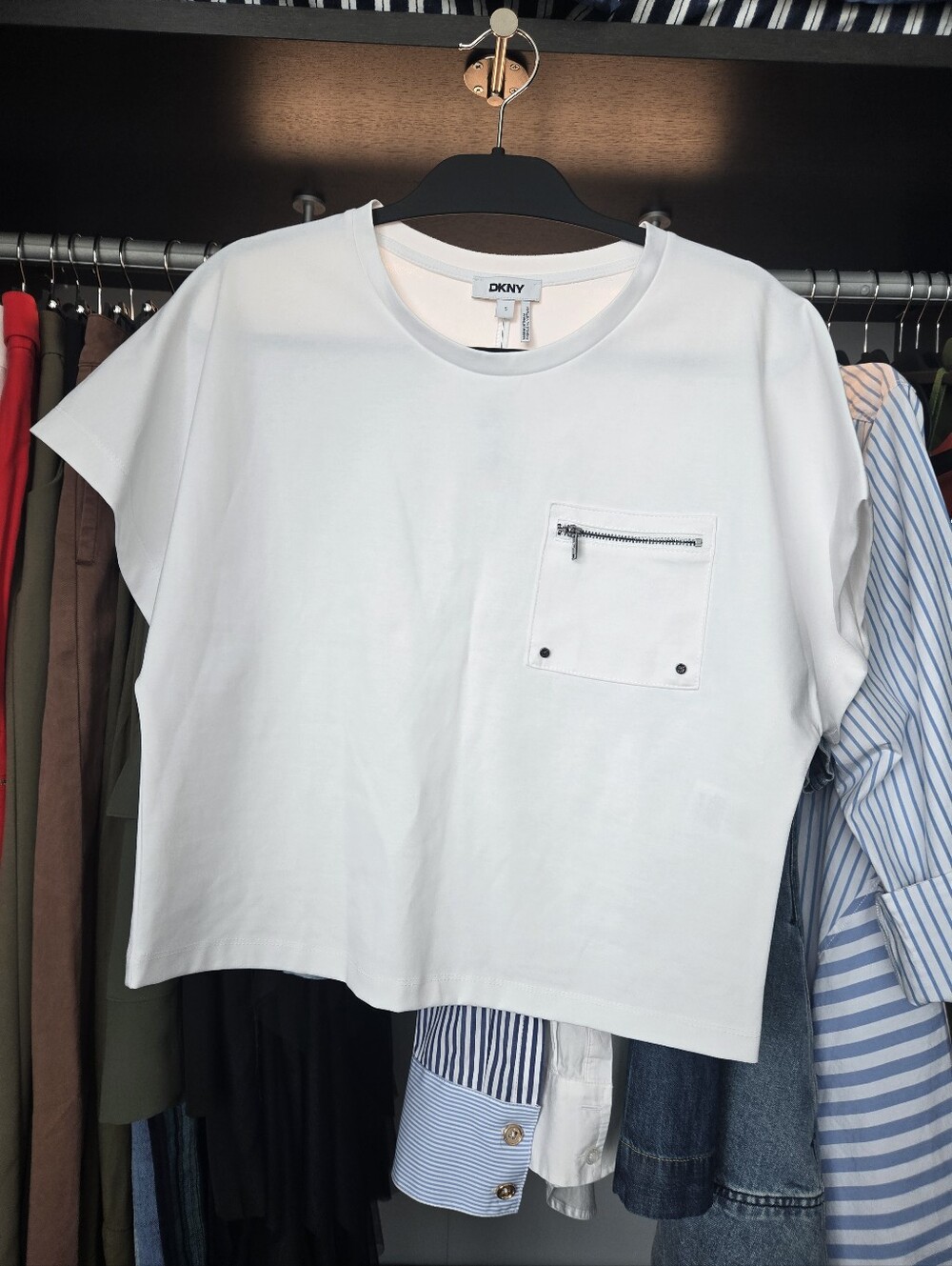 DKNY White Short Sleeve Tee with Zip Pocket Detail